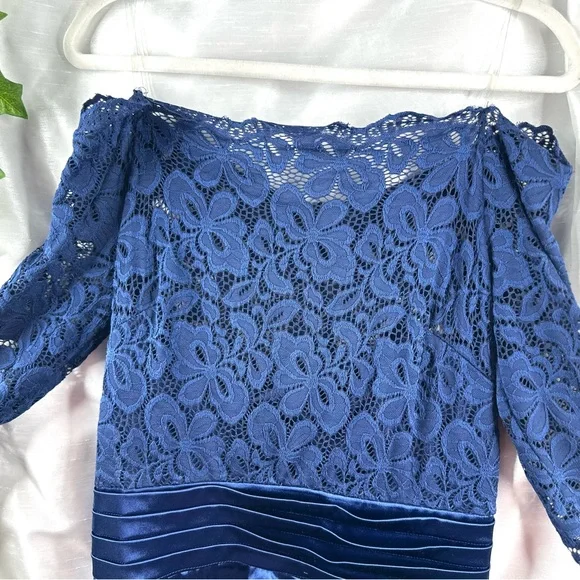 NWT Miusol Womens Lace Bodice Satin Ruched Mermaid Evening Dress Navy Blue Large - Picture 8 of 12